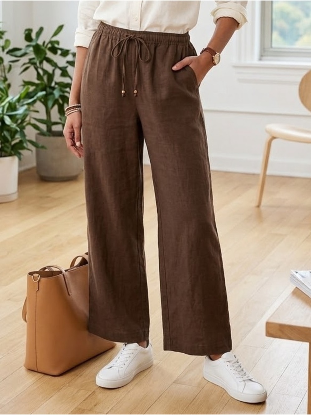 C&C California Wide-Leg Drawstring Linen Pants in Brown
